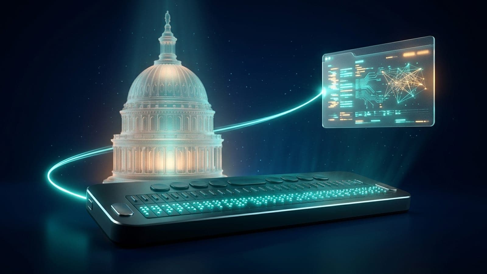 A glowing braille display beside a frosted-glass government dome, linked by a beam of light to a floating software window